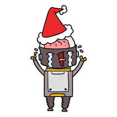 line drawing of a crying robot wearing santa hat