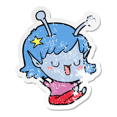 distressed sticker of a happy alien girl cartoon laughing