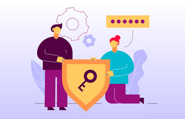 Vector data encryption web page online banner template with man and woman holding key icon. Privacy concept illustration