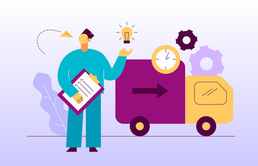 Vector delivery service design concept web banner with big modern flat line man, light bulb, truck, clock icons. Logistics worker  with check list illustration 