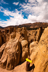 Top view of sunshine rocky Moon Valley landscape near La Paz in Bolivia