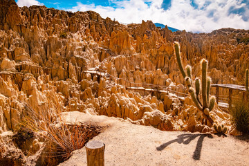 Breathtaking sunshine Moon Valley rocky landscape near La Paz in Bolivia with cactus on the foreground