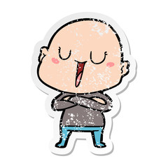 distressed sticker of a happy cartoon bald man