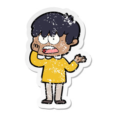 distressed sticker of a worried cartoon boy