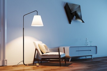 Scandinavian white living room interior with wooden furniture 3D render