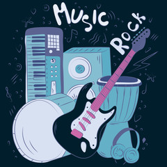 Hand drawn  music background. Doodle musical instruments. Retro musical equipment. Vector illustration. Rock music. Poster or t-shirt design.