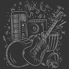 Hand drawn music background. Doodle musical instruments. Retro musical equipment. Vector illustration. Sketch style. Rock music. Poster or t-shirt design. Chalk board.