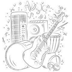 Hand drawn music background. Doodle musical instruments. Retro musical equipment. Vector illustration. Sketch style. Rock music. Poster or t-shirt design. 