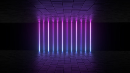 3d abstract background render, pink and bue neon lights in the room, retrowave and synthwave illustration.