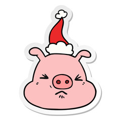 sticker cartoon of a angry pig face wearing santa hat