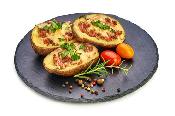 Baked potatoes stuffed with cheese and bacon, Homemade food, close-up, isolated on white background