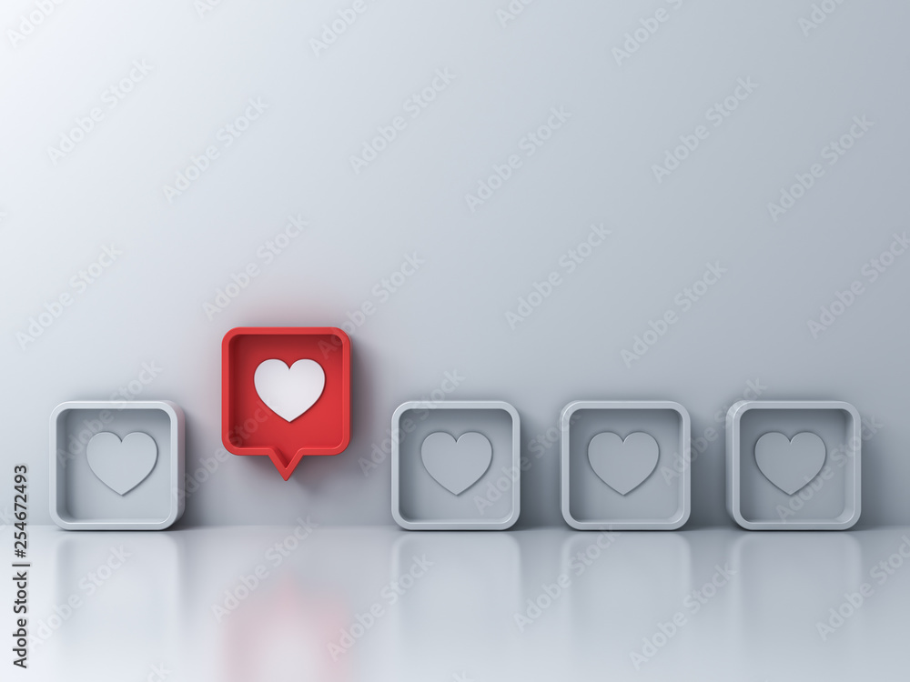 Poster Stand out from the crowd and different creative idea concept One red 3d social media notification Love like heart icon in red rounded square pin pop up from white wall background 3D rendering
