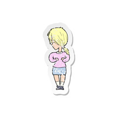 retro distressed sticker of a cartoon shy woman