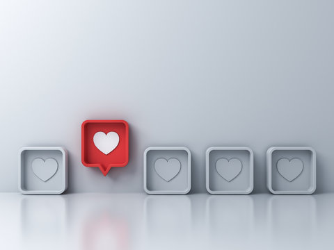 Stand out from the crowd and different creative idea concept One red 3d social media notification Love like heart icon in red rounded square pin pop up from white wall background 3D rendering