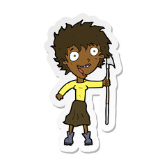 sticker of a cartoon crazy woman with spear