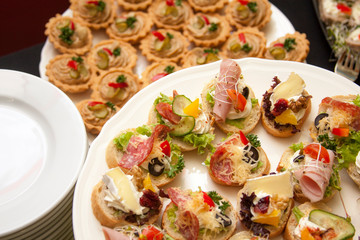 Catering, company food service, plates full of fresh tasty food and small appetizers, banquet concept, lots of small sandwiches