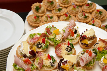 Catering, food service, plate full of fresh juicy food and appetizers, company banquet concept