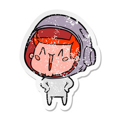 distressed sticker of a happy cartoon astronaut