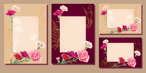 Set horizontal, vertical templates, Mother's Day cards with carnation: red, pink, white flowers, fern, eucalyptus. Burgundy, beige backgrounds, frame for design, vintage botanical illustration, vector