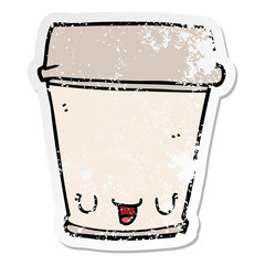distressed sticker of a cartoon coffee cup