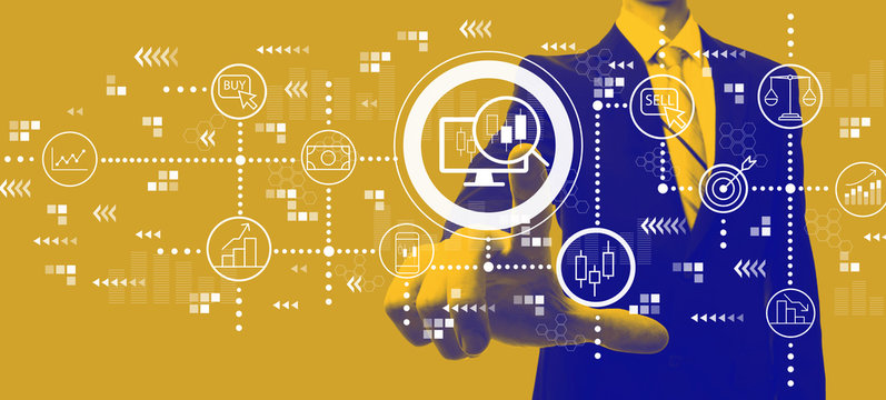 Stock trading concept with businessman in a yellow and blue duotone