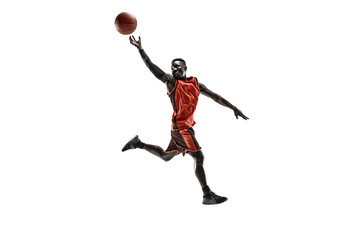 Fototapeta na wymiar Full length portrait of a basketball player with a ball isolated on white studio background. advertising concept. Fit african anerican athlete with ball. Motion, activity, movement concepts.