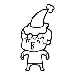 line drawing of a laughing boy wearing santa hat
