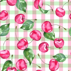 Cherry. Watercolor seamless pattern. Hand drawn background