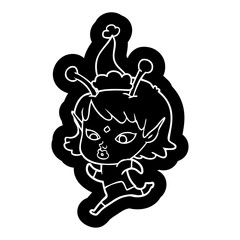 pretty cartoon icon of a alien girl running wearing santa hat