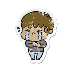 distressed sticker of a cartoon boy crying