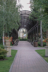 Beautiful garden in the park. Path in nature for jogging and recreation. Stock photo