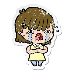 distressed sticker of a cartoon girl crying