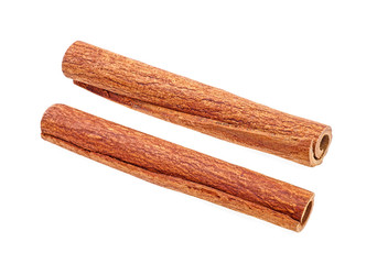 Two cinnamon sticks isolated on white background. Full depth of field.