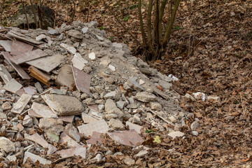 Black dump in the middle of the forest. Construction rubble dumped in the middle of the forest. Environmental pollution.