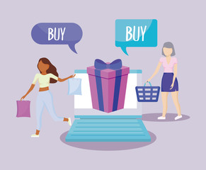 women with laptop and set icons