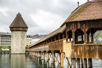 Lucerne bridge and Lake Lucerne. Famous Chapel Bridge in Lucerne, Switzerland. 