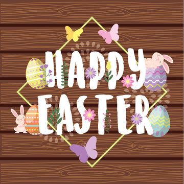 Happy easter card wooden background