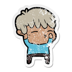 distressed sticker of a cartoon curious boy