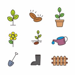 Set of plant and gardening related vector illustration