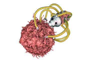 Nanorobot attacking cancer cell, nanotechnology medical concept, 3D illustration. Nano sized robots developed to treat cancer