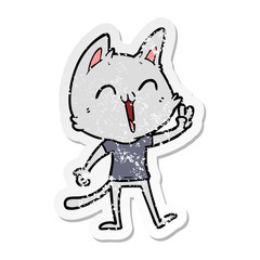 distressed sticker of a happy cartoon cat meowing