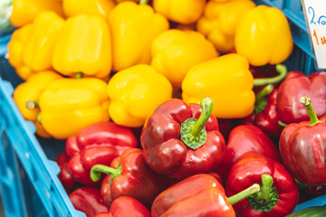 Red and yellow bell peppers in a blue box at a food market