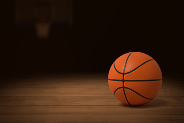 3d rendering of a basketball on the wooden floor of a dimly lit gym.