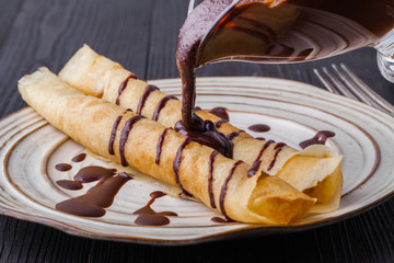 Russian traditional food. Appetizing fried pancakes on the Pancake Week