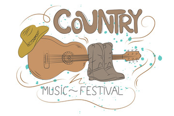 Obraz premium Country music illustration with guitar, cowboy shoes and hat. Hand drawn vector elements.