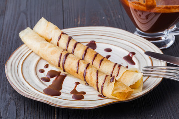 Russian traditional food. Appetizing fried pancakes on the Pancake Week