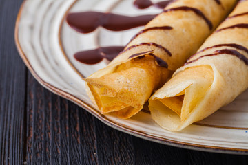 Russian traditional food. Appetizing fried pancakes on the Pancake Week