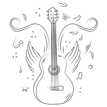 Hand drawn acoustic guitar with wings and music notes. Sketch style vector illustration isolated ob white background. Line art. 