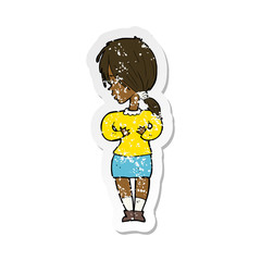 retro distressed sticker of a cartoon shy woman