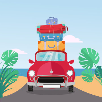 Little red retro car rides from the sea with stack of suitcases on roof. Flat cartoon vector illustration. Car front View With cases and baggage. Southern landscape with sand, leaves of Monstera